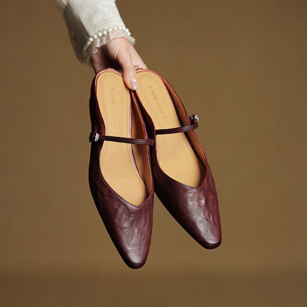 Handmade Burgundy Genuine Leather Mary Jane Mule with Buckle Strap